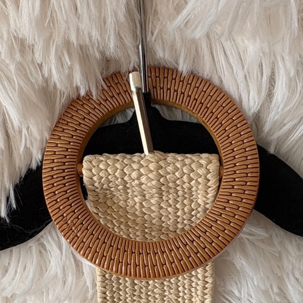 Beige Woven Elastic Belt with Wooden Style Buckle